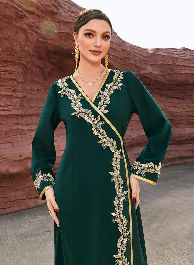 Take Two Women Green Golden Embroidered Flower Jalabiya